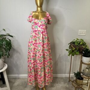 Pink floral maxi dress with tie back and puffy sleeves LARGE